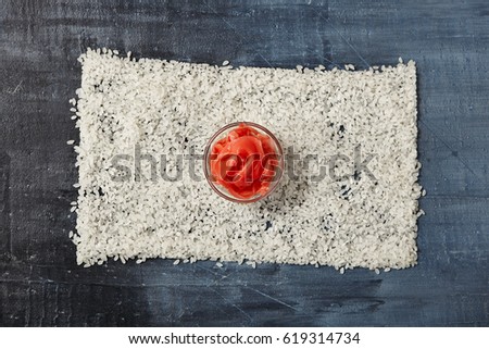 Flag of Japan made of Rice and Red Ginger Bowl. Flat Lay. Food Concept