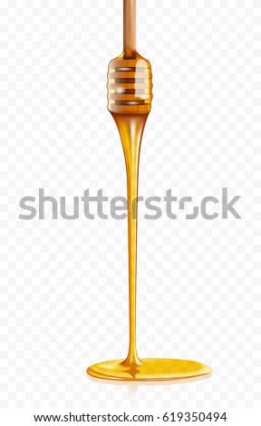 Honey dripping from wooden honey dipper Royalty-Free Stock Photo #619350494
