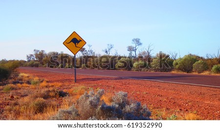 Outback australian famous iconic kangaroo motorway road sign taken in the desert on the stuart highway in South Australia, SA