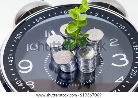 coins with plant and clock, isolated on white background. savings concept, concept of time and money. copy space for text.