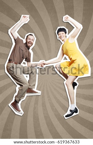 Rock'n'roll dance boogie woogie. Boogie acrobatic stunt in a studio background. Dance for rock-n-roll music. Royalty-Free Stock Photo #619367633