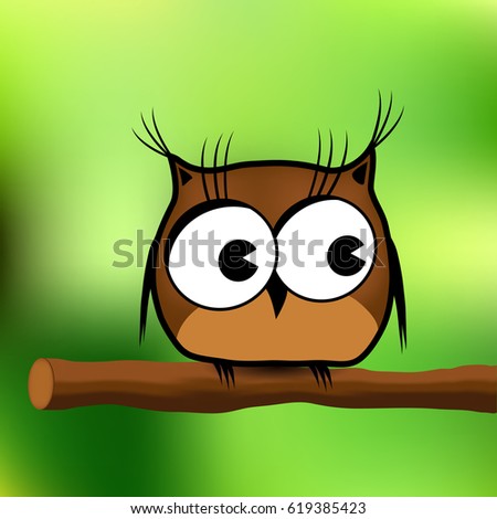 Little owl on a branch in the forest. Fabulous animals. Children's illustrations