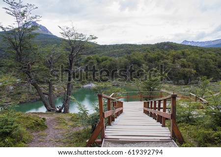 Wooden bridge in the trekking trail, with the beautiful lake, forest and mountain, green landscape, on national park Tierra del fuego, Ushuaia, Argentina. 