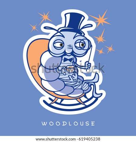 Vector illustration of funny insects in cartoon style. One noble wood louse sit in rocking chair with a hat, a monocle, a cup of tea and a few stars. 
Image in blue and orange colors.