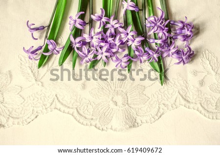 Postcard with lilac hyacinths lying top on the white lace background

