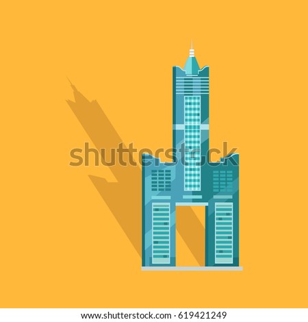 Sky Tower skyscraper Tanteks in Taiwan isolated on yellow. Vector illustration of two separate buildings connecting to each other and holding towering central belfry, beneath which some empty space.