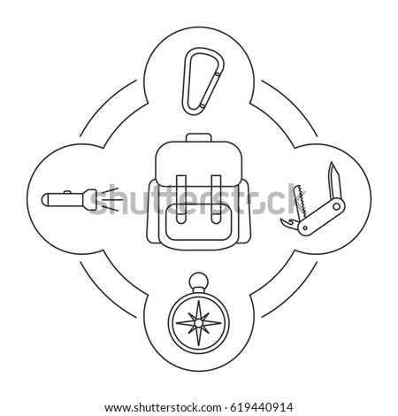 Tourist's backpack contents linear icons set. Compass, flashlight, carabiner, penknife. Isolated vector illustrations