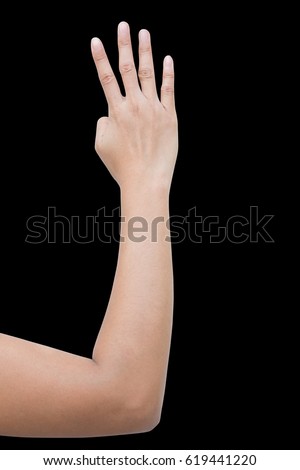 right back hand a woman show four finger, greet, stop, hand up, the fourth sign. isolate on black background