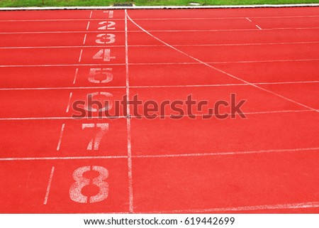Close up Athletics track in sport stadium for texture and background