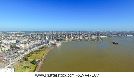 Beautiful aerial view of Mississippi river in New Orleans, LA.