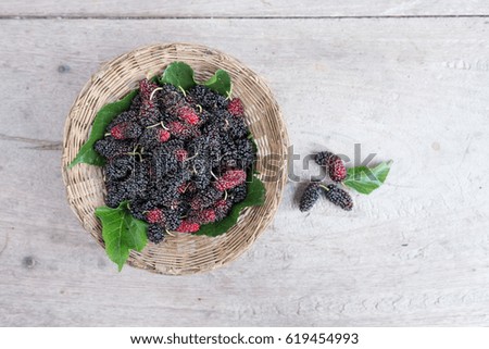 Fresh mulberry with leaf on wooden basket. Top view and Copy space.