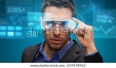 augmented reality, technology, business and people concept -businessman in virtual glasses looking at screen projections over blue background