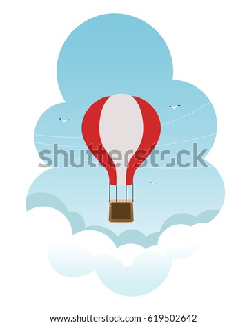 Air balloon flying in the sky. Vector illustration. Poster template in retro style of travel concept.