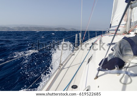 Sailing in South Turkey, Angled (Heeling) Boat, View Towards Left and Front Royalty-Free Stock Photo #619522685