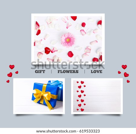 Gift box, hearts love background. Petals of roses on white painted rustic background. Fresh natural Gerbera flower. Romantic design. Dirty grunge wooden board. Photo frames.