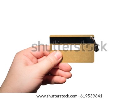 male hand holding credit card with padlock over white background