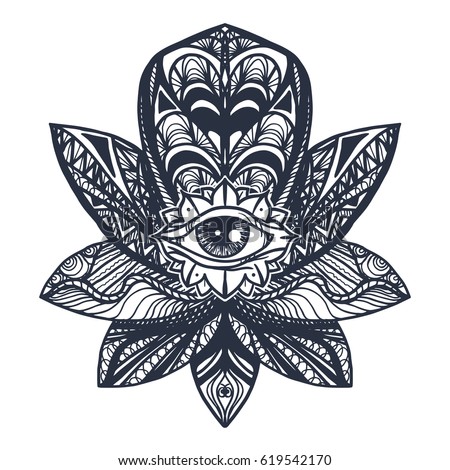 Vintage All Seeing Eye in Mandala Lotus. Providence magic symbol for print, tattoo, coloring book,fabric, t-shirt, cloth in boho style. Vector