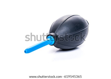 right side view of dust blower or pear for cleaning camera optics black color isolated on white background