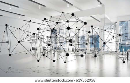Lines connected with dots as social communication concept in office interior. 3D rendering