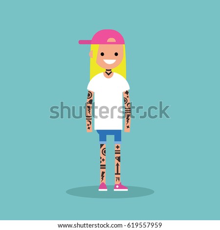 Young female character covered with a tattoo pattern. Subculture. Flat editable vector illustration, clip art
