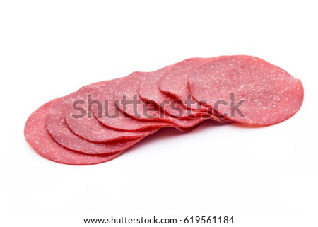 Salami smoked sausage slices isolated on white background cutout.