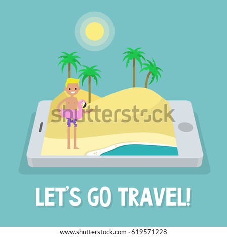 Travel concept. Mobile application. Augmented reality: young character standing on the sand near by the ocean. Flat editable vector illustration, clip art