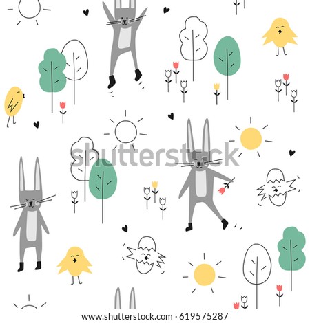 Rabbits and chicks vector seamless pattern. Spring and easter cartoon background. Colorful forest animals wallpaper. Cute childish flat illustration. Isolated objects on white background
