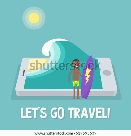 Travel concept. Mobile application. Augmented reality: young black character holding a surfboard near by the ocean. Flat editable vector illustration, clip art