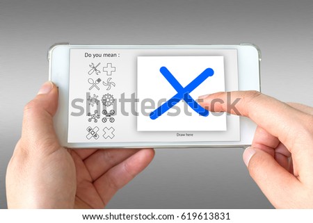 Machine learning , artificial intelligence , autodraw concept. Hand using Auto draw guess application on smart phone for help artists drawing infographic icons.