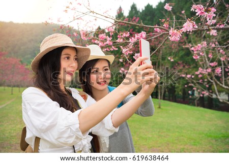 Asian women taking phone picture of cherry-blossom or taking selfie self portrait while on sakura park in japan or korea. Girlfriends tourist looking at view taking snapshots during travel.