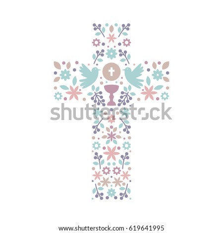 Catholic Christian Cross with natural elements inside, doves, chalice, grapes and flowers. First Communion cross