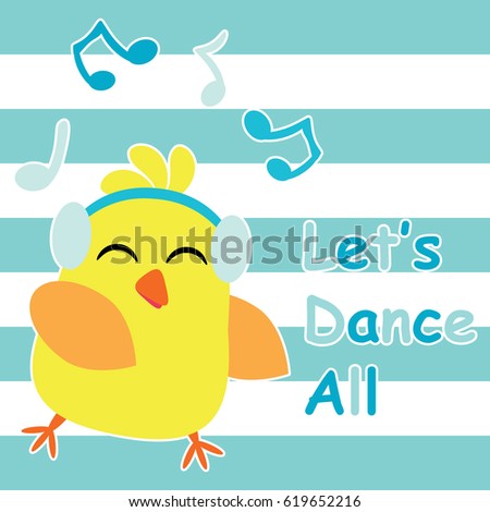 Cute baby chick is dancing vector cartoon on striped background  for baby shower card, wallpaper, nursery wall vector illustration