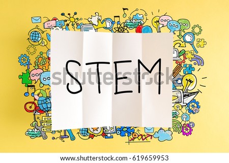 STEM text with colorful illustrations on a yellow background