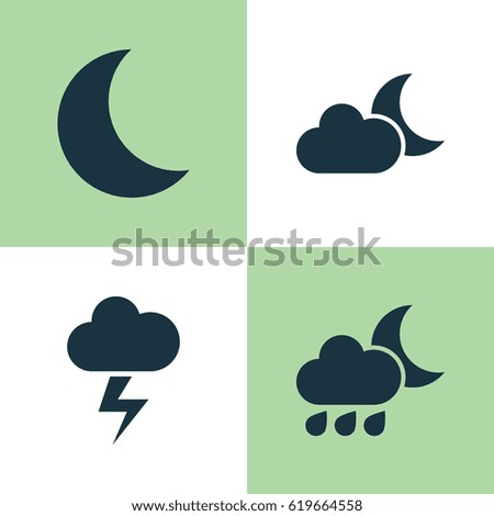 Meteorology Icons Set. Collection Of Lightning, Moonlight, Moon And Other Elements. Also Includes Symbols Such As Lightning, Flash, Cold.