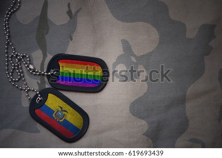 army blank, dog tag with flag of ecuador and gay rainbow flag on the khaki texture background. military concept