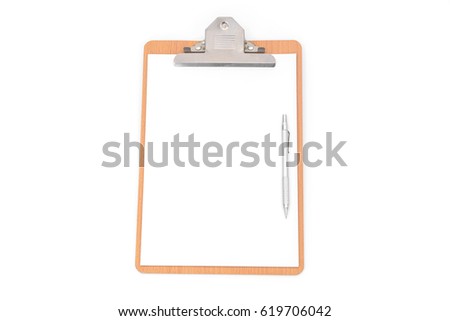 White paper, clip board and pencil on white background.