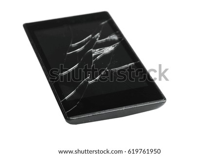 Black smart phone with a broken screen isolated on white background