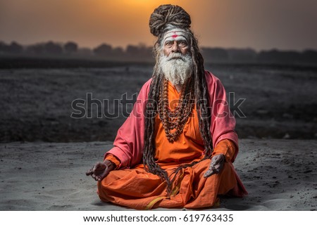 Portrait of sadhu Baba Nondo Somendrah, Varanasi, India. Royalty-Free Stock Photo #619763435