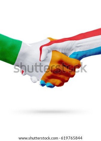 Flags Ireland, Luxembourg countries, handshake cooperation, partnership, friendship or sports team competition concept, isolated on white