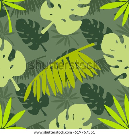 Seamless pattern with green palm tree leaves, branches. Natural background. Summer print, wallpaper