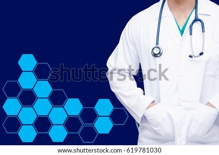 smart doctor with a stethoscope around his neck on color background and blank hexagonal shaped pattern background health care and medical technology concept blank copy space.