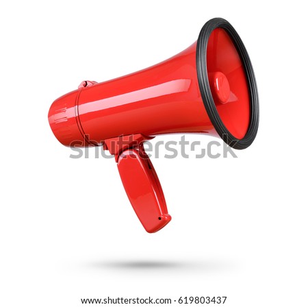 Red megaphone isolated on white background. File contains a path to isolation. Royalty-Free Stock Photo #619803437