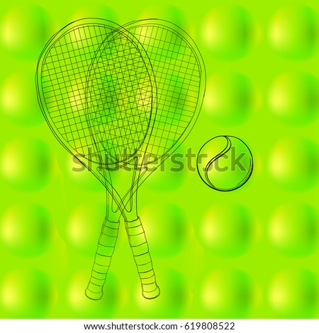 Vector illustration of tennis ball pattern, background, texture with two rackets. Hand drawn, sketch. drawing sport. Abstract green, spring and space field. Activity sport. 3d balls.