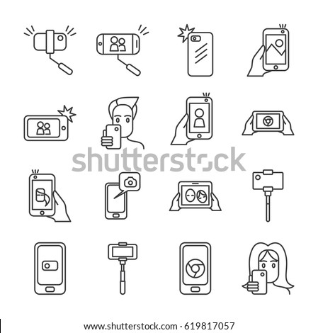 Set of selfie Related Vector Line Icons. Includes such Icons as monopod, selfie stick, smartphone, camera, front camera,photo Royalty-Free Stock Photo #619817057