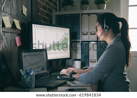 global stock company call service employee assist client solve problem with currency and financial. woman in office working on night.