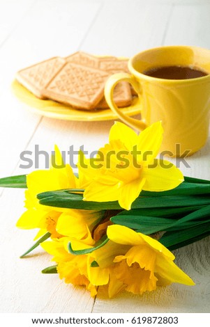 Romantic breakfast. Daffodil near tea and cookies on white wooden background
