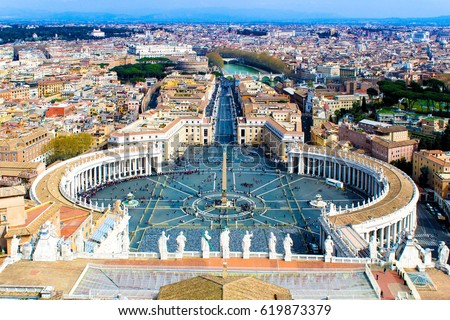 Piazza San Pietro. Plaza located directly in front of St. Peter's Basilica. Vatican City, Rome, Italy. Royalty-Free Stock Photo #619873379