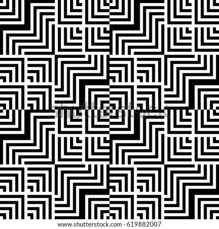 Seamless pattern with black white checked squares and striped lines. Optical illusion effect. Geometric tiles in op art style. Vector illusive background, texture. Decorative element, design template.