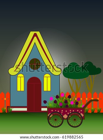 Night City Background with Suburban House Front View Building and Carriage with flowers.  Vector cartoon illustration.