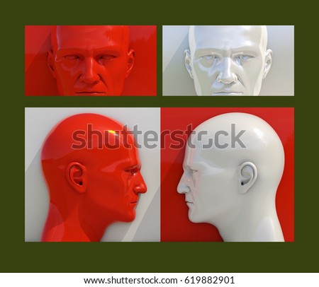 3d render: Realistic 3d Human Heads on Different Brightly Colored Backgrounds,